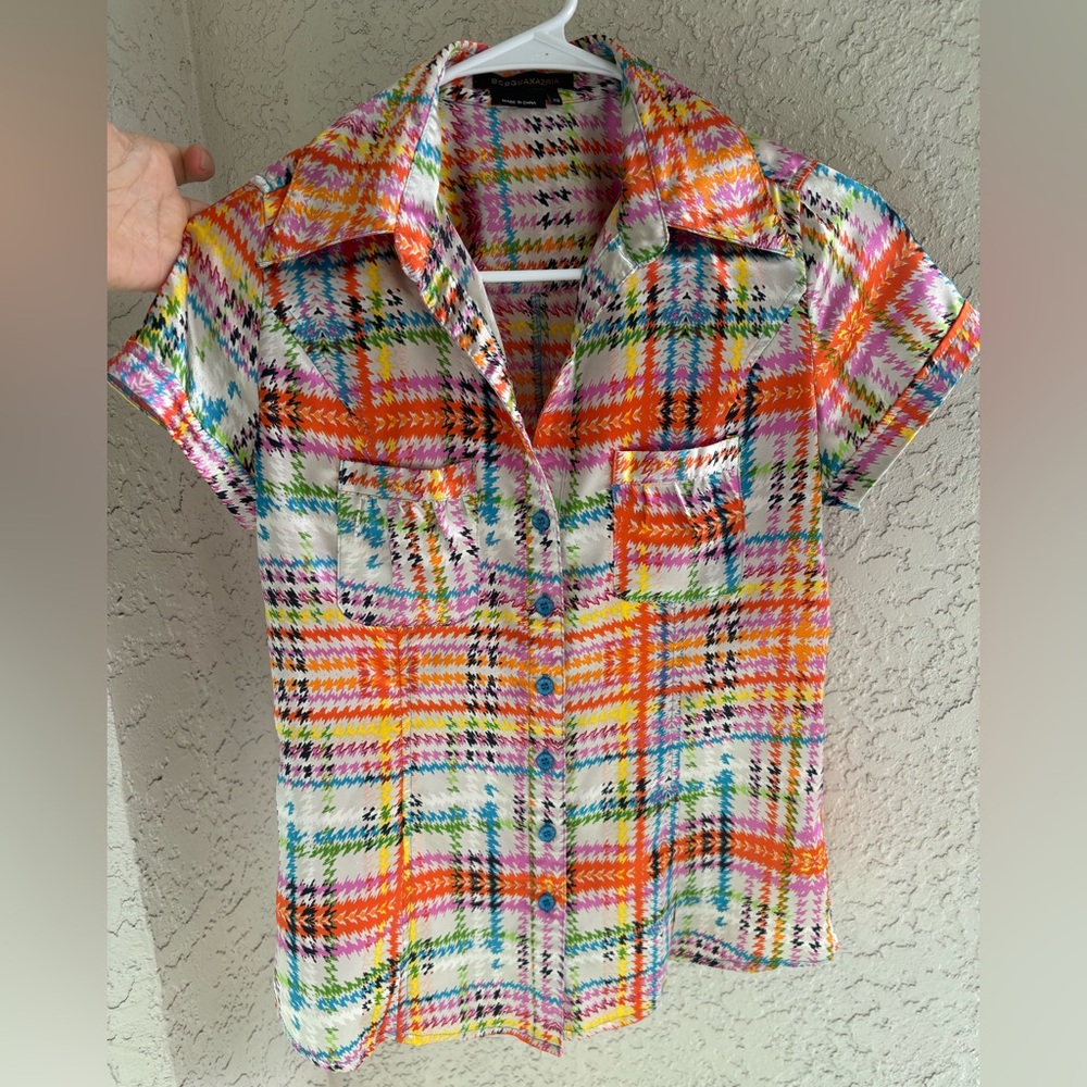 Vintage 70s Plaid Multi Color Orange BCBG Houndstooth Silky Button Up  Blouse